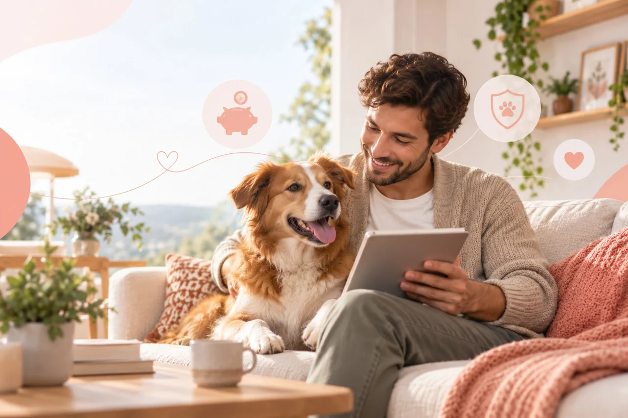 Owner using a tablet beside a golden-colored dog on a sofa